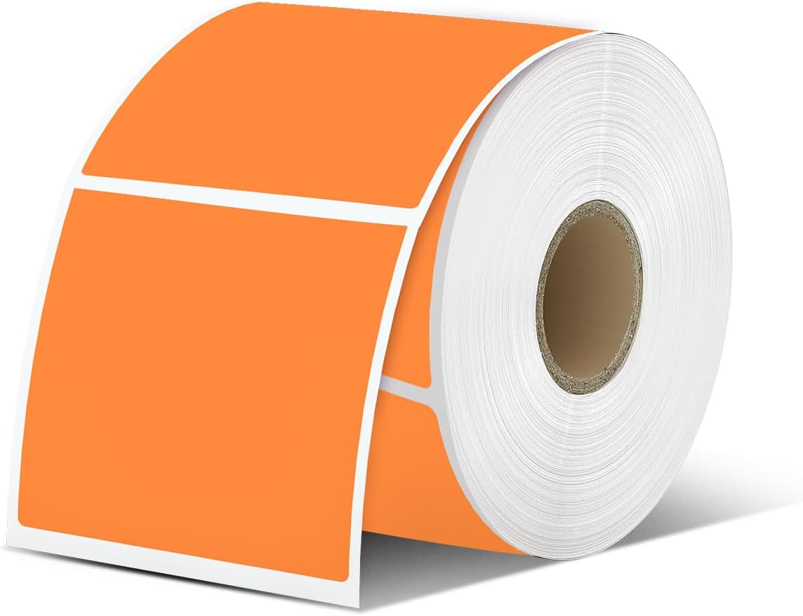 iEager Orange Square Thermal Label Stickers, 2"x2" Self-Adhesive Square Direct Thermal Labels with Perforation Line, 500 Sheets/Roll