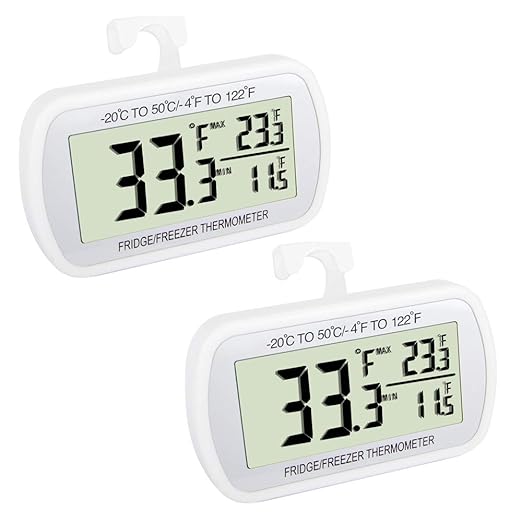 Waterproof Refrigerator Fridge Thermometer, Digital Freezer Room Thermometer, Max/Min Record Function Large LCD Screen and Magnetic Back for Kitchen, Home, Restaurants (2 Pack)