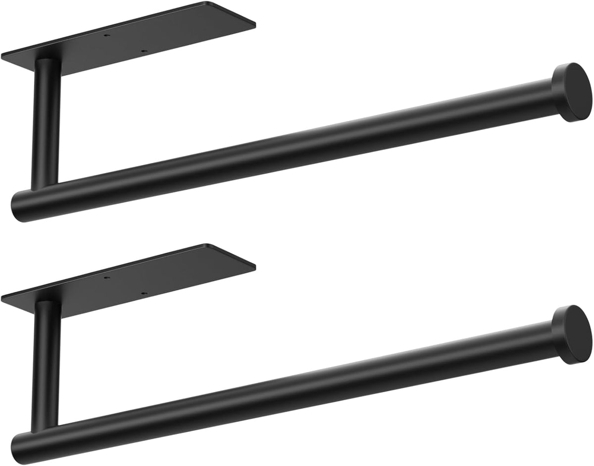 Paper Towel Holder - Self-Adhesive or Drilling, Matte Black Wall Mounted Rack - SUS304 Stainless Steel Kitchen Roll Holder Under Cabinet (2 Pack)