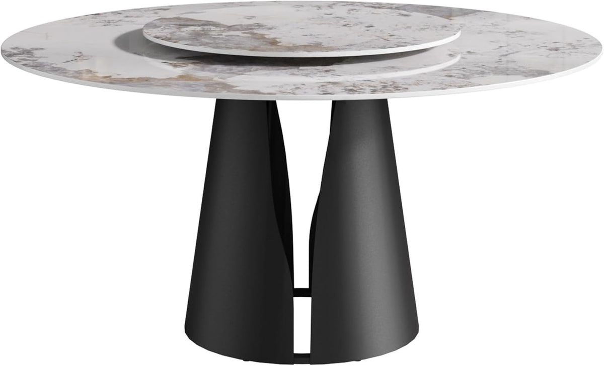 Montary 9 Piece Dining Table Chairs Set, Modern Dining Table Set of 8, Includes 59" D Marble Round Table with Black Carbon Steel Base, 8 Grey Black Dining Chairs for Home, Kitchen