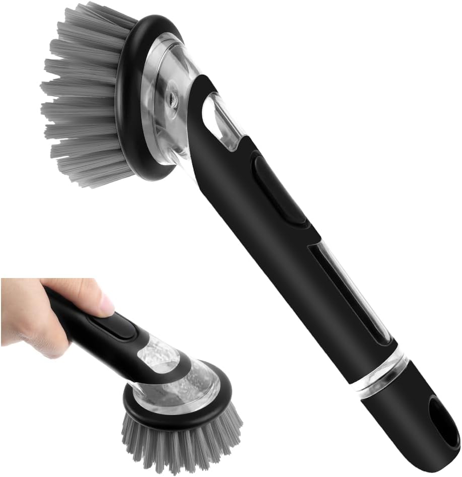 AUAUY Dish Brush with Soap Dispenser, Advanced Soap Control Dishwashing Brush, Dish Scrub Brushes with Handle, Kitchen Scrubbers for Dishes, Pan, Pot, Sink Cleaning Brushes