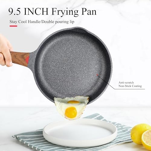 Vinchef Non Stick Frying Pan with Lid,9.5 Inch Anti Scratch Skillet Cast Aluminum Cookware, Induction Compatible Black