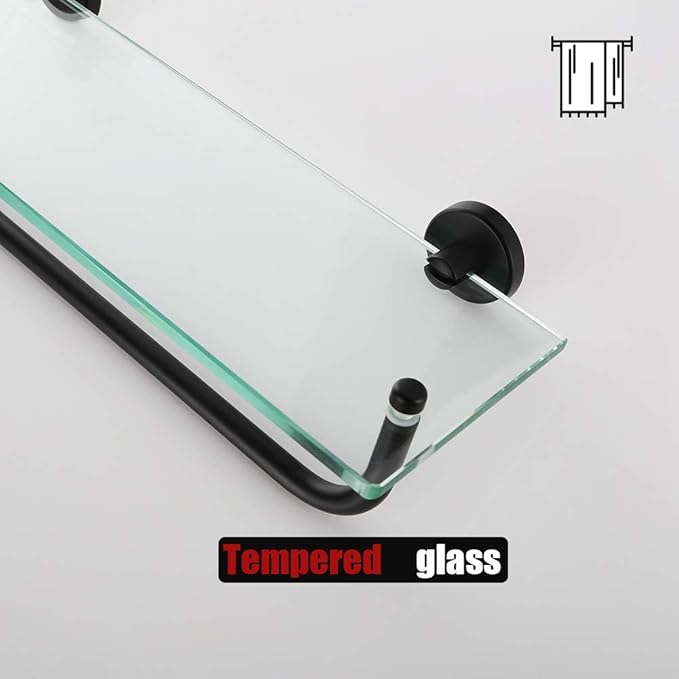 JQK Bathroom Glass Shelf, Shelf with 15 Inch Towel Bar Tempered Glass Shower Storage 16 by 5 inches, 304 Stainless Steel Matte Black Wall Mount, TGS100-PB