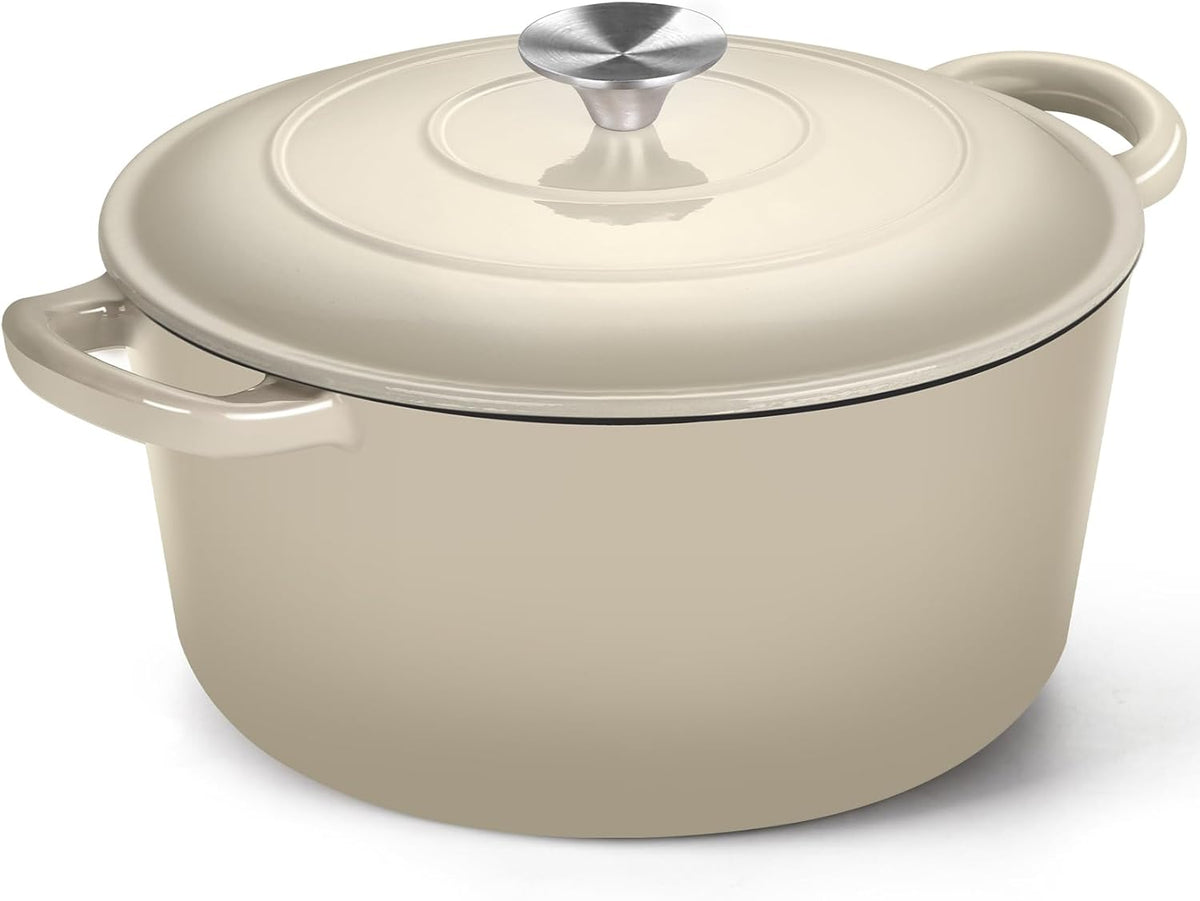 P&P CHEF 6QT Enameled Dutch Oven, Cast Iron Dutch Oven Pot with Lid for Bread Baking, Enameled Casserole Pot for Roasting Braising Stewing Frying Simmering, Various Stoves & Easy Clean, Khaki
