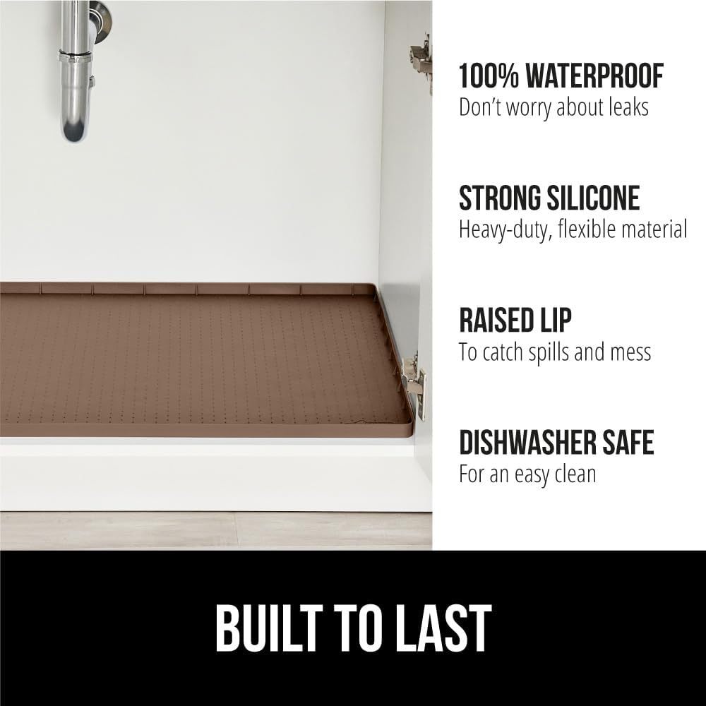 GORILLA GRIP Waterproof Silicone Under Sink Mat with Raised Lip for Kitchen and Bathroom, 34 x 22 in, Cabinet Shelf Liner Stay in Place Mats Dishwasher Safe Drawer Liner, Organizer Tray, Coffee
