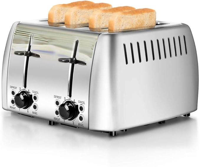 Toaster 4 Slice Stainless Steel Bagel Toaster Extra Wide Slots with 6 Browning Setting, Bagel/Reheat/Defrost/Cancel Function for Toasting Bread, Bagels and Waffles, 1500W, Silver