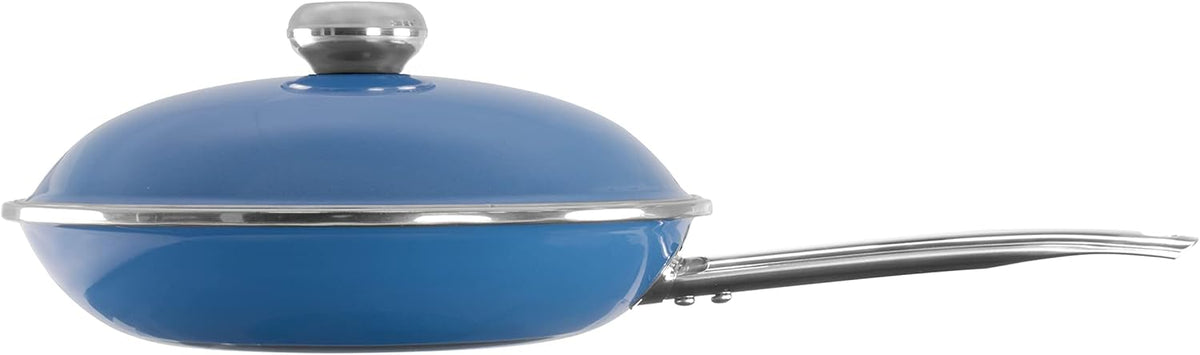 VITA 11-Inch Covered Skillet (Enamel on Steel)(Blue) for All Stove Tops - Dishwasher & Oven Safe up to 350 ℉ – Quick & Even Heat Distribution – Pan that’s Non Stick, Scratch Resistant, High Gloss
