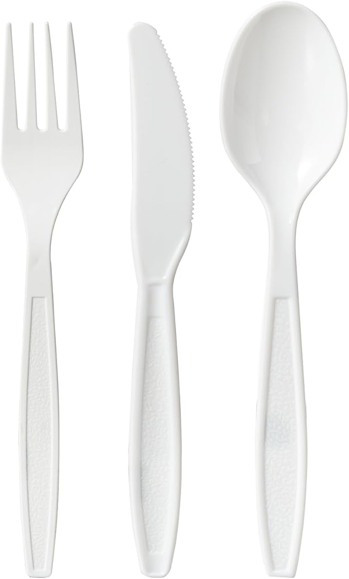 White Plastic Forks Spoons Knives Heavyweight Utensils Disposable Silverware Heavy Duty Cutlery Set [300 Combo Box]