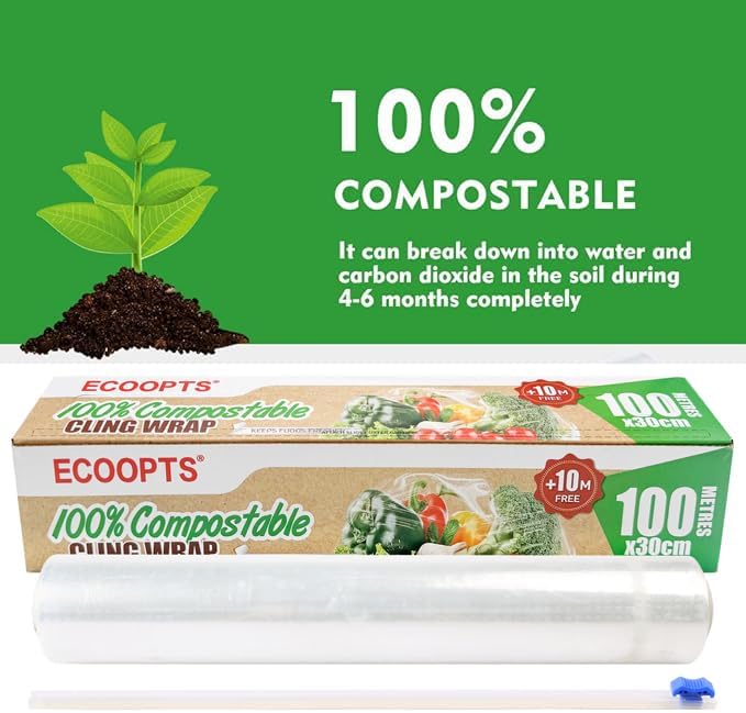 100% Compostable Plastic Cling Wrap Dispenser With Slide Cutter 12 inch Food Service Cling Film Wrap Roll - 12" x 360 Ft ECO friendly Food Wrap(The Slide Cutter stored in The Inner core of The roll)