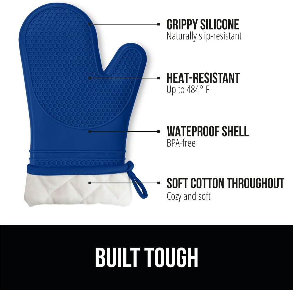 GORILLA GRIP BPA-Free Soft Silicone Oven Mitts, Heat Resistant and Waterproof Cooking Gloves, Thick Cotton Lining, Flexible Gripping for Baking Grilling, Kitchen Potholders Set of 2, 12.5x8.3, Blue