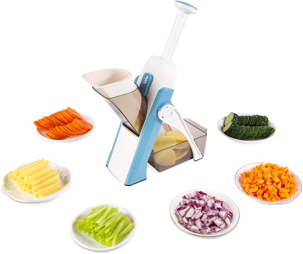 ONCE FOR ALL Safe Mandoline Slicer 5 in 1 Vegetable Cutter, Strips Julienne Dicer Adjustable Thickness 0.1-8 mm for Kitench Fast Meal Prep (Light Blue)