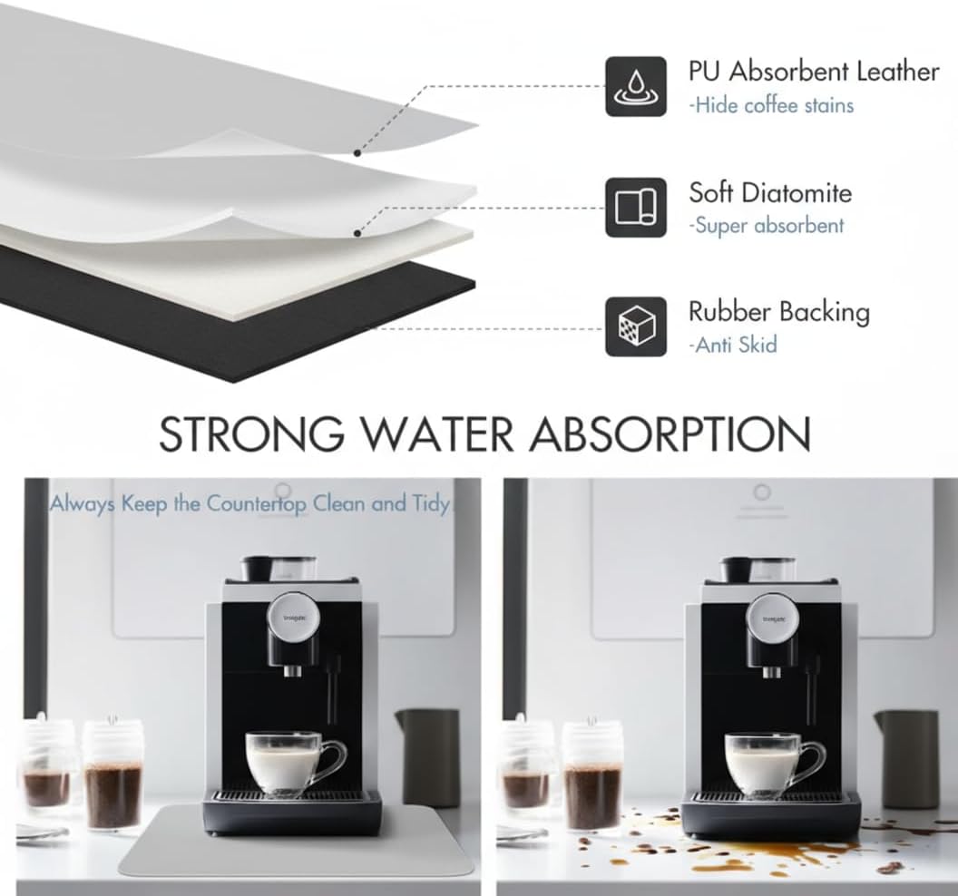 Dish Drying Mat Super Absorbent – 17" x 31" Coffee Mat for Countertops – Non-Slip Drying Mat for Kitchen Counter – Easy to Clean Water Absorbent Mat – XLarge Dish Drying Mats (Lite Gray)