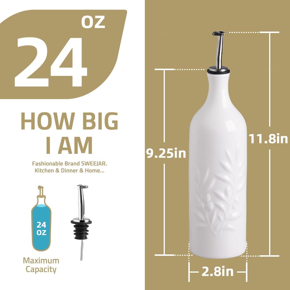 Sweejar Large Ceramic Olive Oil Dispenser Bottle, 24 Oz Relief Opaque Oil Cruet Protects Oil To Reduce Oxidation, Storage Vinegar, Soy Sauce, Coffee Syrup, Liquids, Set of 1 (Beige)