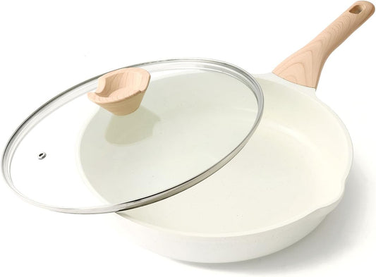Nonstick Ceramic Frying Pan with Lid, 11 Inch Ceramic Skillet with Lid, Healthy Non Toxic Cooking Pan, Stay-Cool Handle, Induction Compatible, PFOA & PFAS Free, White