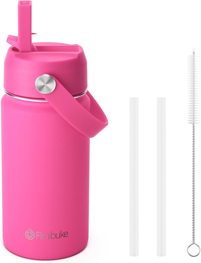 Fimibuke Kids Insulated Water Bottle, 14oz BPA FREE 18/8 Stainless Steel Travel Tumbler Double Wall Vacuum Leak Proof Kids Cup with Straw Metal Water Bottle for School Boys Girls(1 Pack, Magenta)