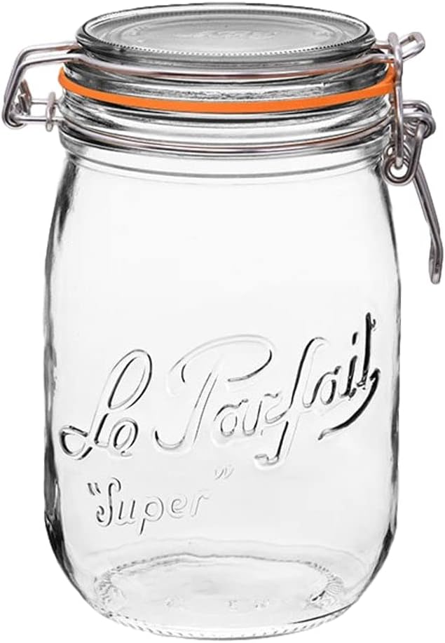 Le Parfait Super Jar, Canning Jar, 1L French Glass Canning Jar w/Round Body, Glass Jar With Airtight Lid, Canning Jar Wide Mouth, Glass Jar With Lid, Clear Jars, Clear Glass Jars (32oz/Quart, 1 pk)