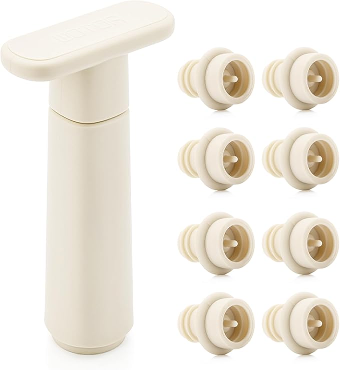 WOTOR Wine Saver Vacuum Pump with 8 Stoppers, Wine Stopper & Preserver, Reusable Bottle Sealer Keeps Fresh, Ideal Accessories Gift, Flat Handle (Cream)