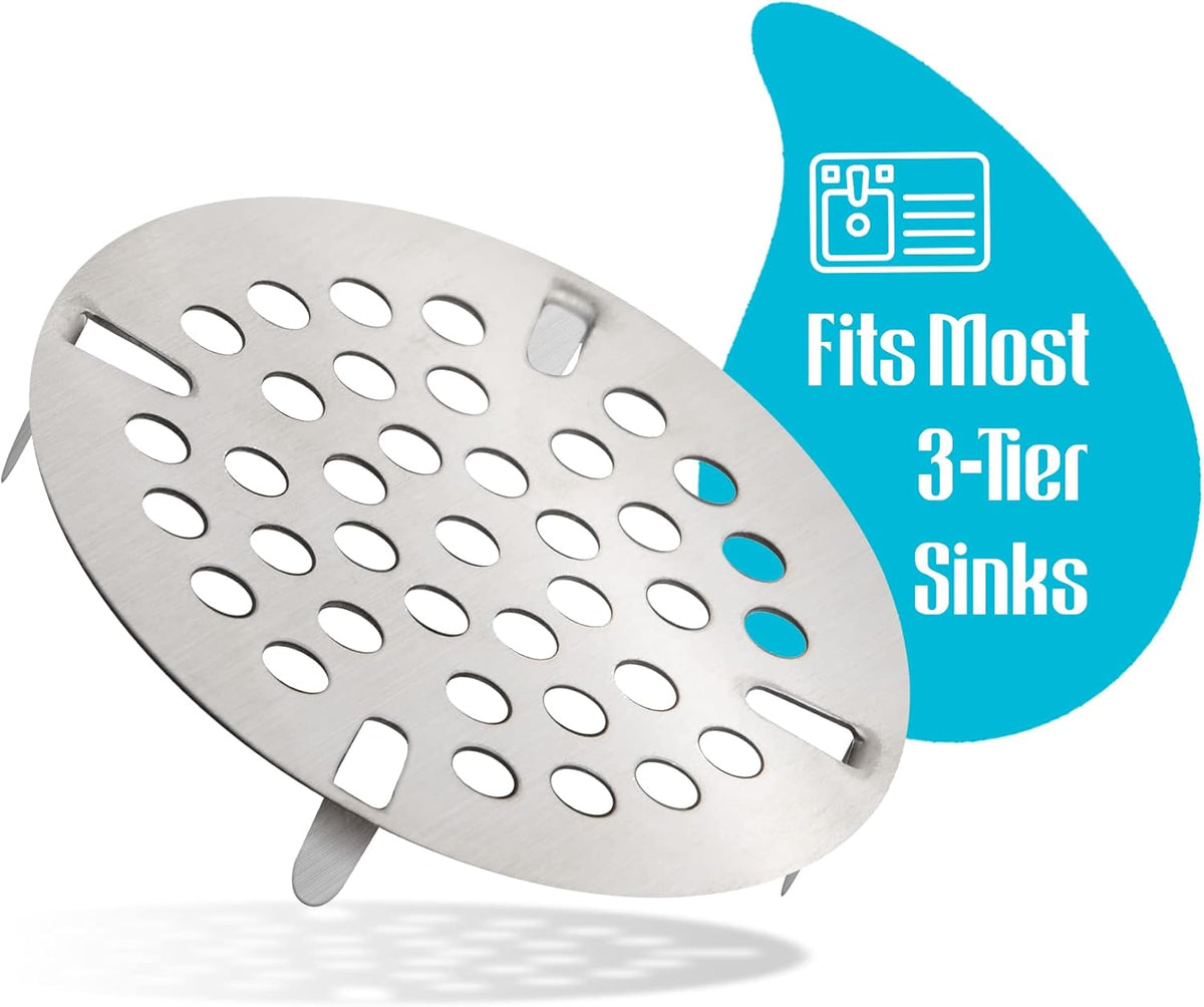 3-inch Commercial Sink Strainer, Flat Kitchen Sink Strainer with Tabs, Install on 3-inch Sink Drain, Durable Sink Strainer Basket Alternative for Twist Waste Drain on 3 Compartment Sink