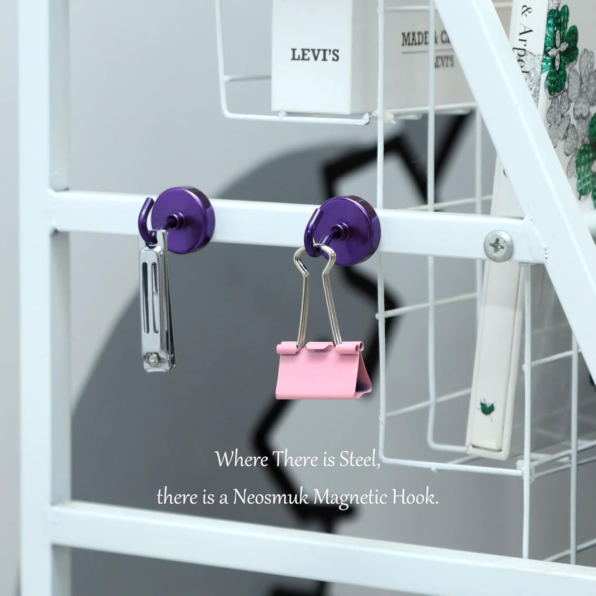 Neosmuk Magnetic Hooks Heavy Duty,Strong Magnet with Hook for Fridge, Super Neodymium Extra Strength Industrial Hooks for Hanging, Magnetic Hanger for Toolbox, Cruise, Grill(Purple,10 Pack)