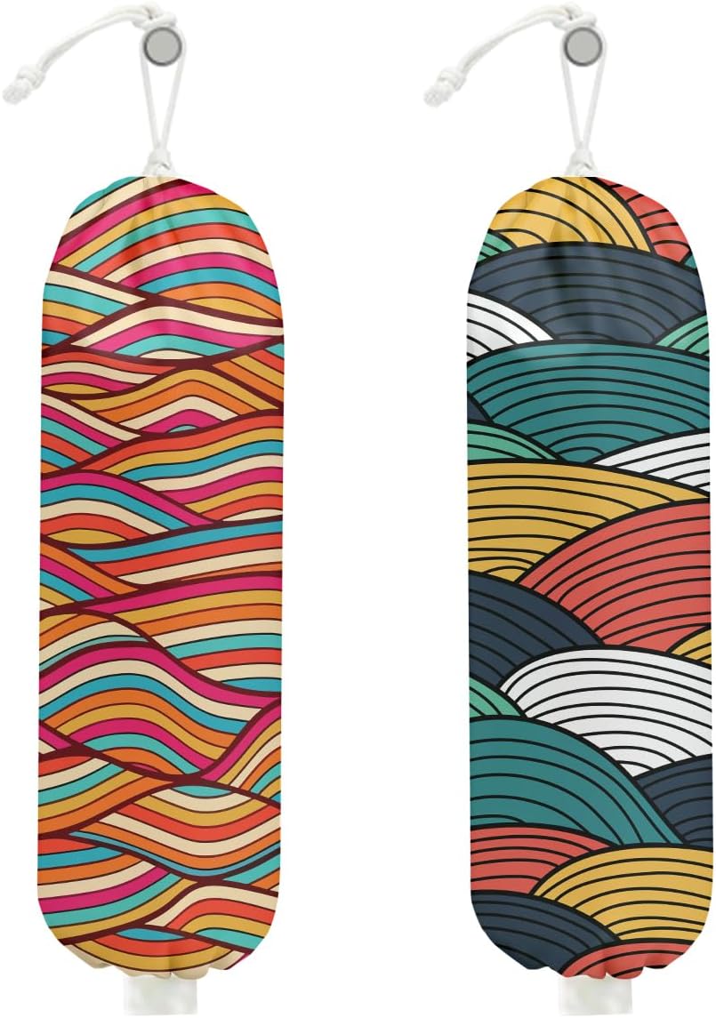 2Pcs Abstract Wave Seamless Pattern Plastic Bag Holder, Wall Mount Grocery Bag Holder for Plastic Bags, Colorful Wavy Print Reusable Grocery Bags Storage Dispenser, Farmhouse Home Kitchen Decor