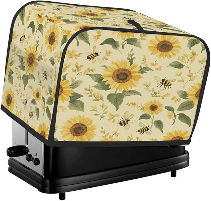 2 Slice Toaster Cover,Sunflower Bee On Retro Small Kitchen Appliance Bread Machine Cover with Pockets,Dust & Fingerprint Protection