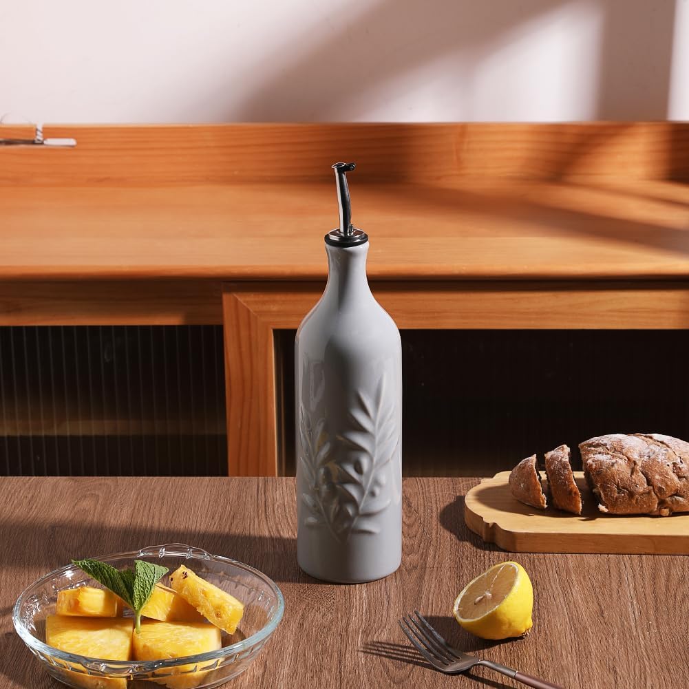 Sweejar Large Ceramic Olive Oil Dispenser Bottle, 24 Oz Relief Opaque Oil Cruet Protects Oil To Reduce Oxidation, Storage Vinegar, Soy Sauce, Coffee Syrup, Liquids, Set of 1 (Gray)