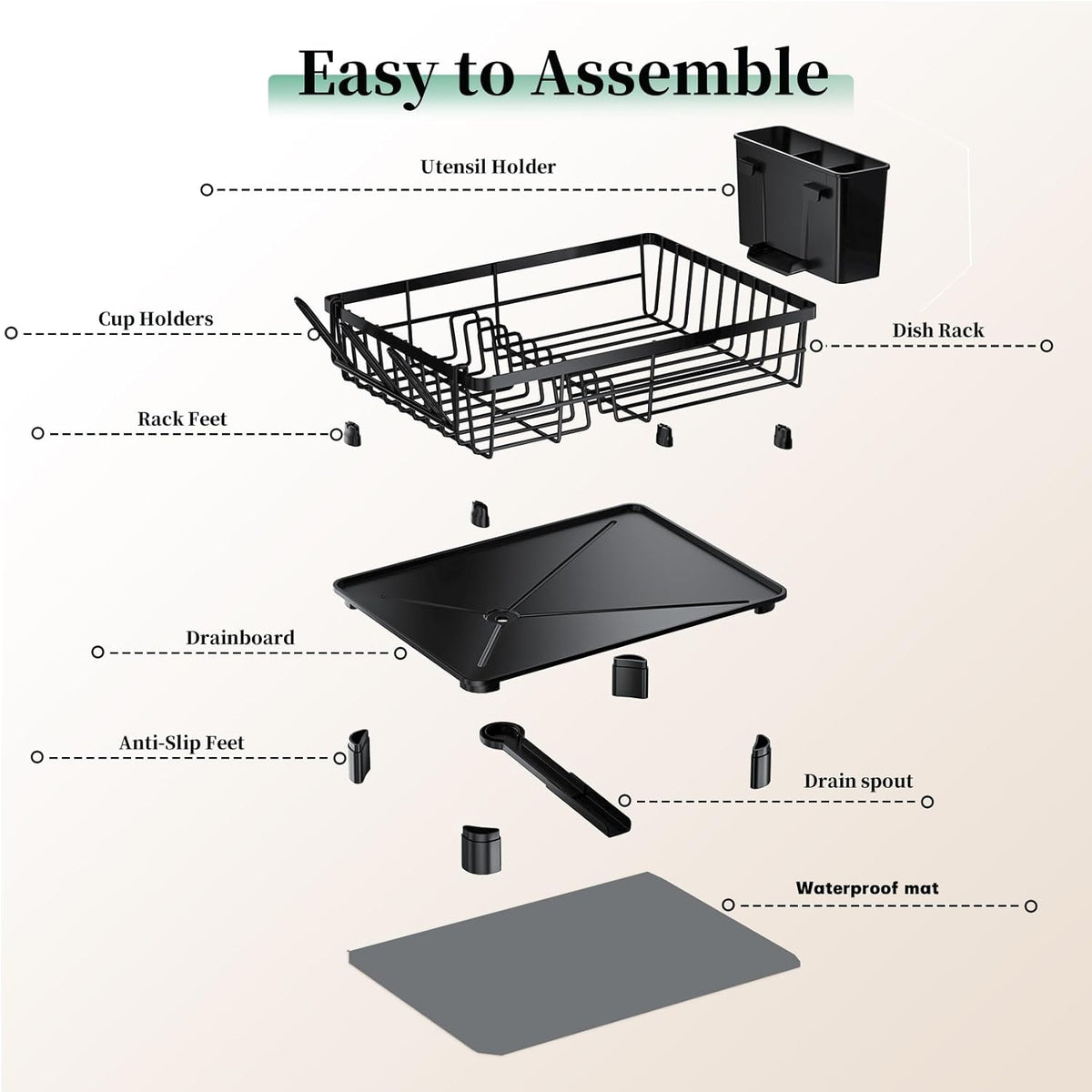 Kitchen Dish Rack with Mat Space-Saving Small Dish Drainer,Simple Human Expandable Over The Sink Dish Drying Rack,Rustproof Drying Rack Dishes with Utensil Holder,15" Dx11 W(inches),Black