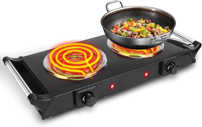 Electric Countertop Double Burner, 2000W Cooktop with Coil Hot Plate & Stay Cool Handles, 5 Level Temperature Control, Easy to Clean, Indicator Lights, Cooking Stove for Office/Home/Camping Use