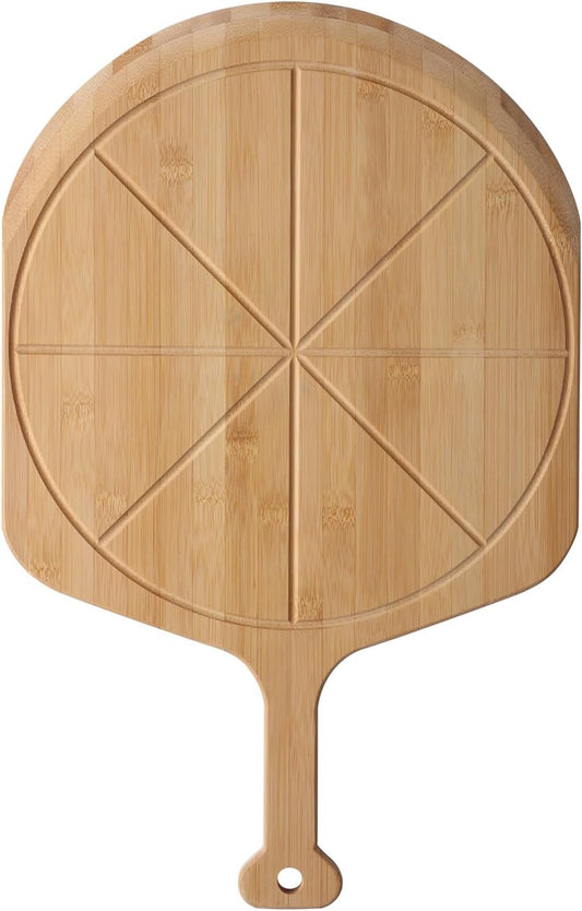 12” Bamboo Pizza Peel - Lightweight Smooth Wooden Pizza Paddle and Pizza Cutting Board with 8 Slice Grooves, Outdoor Pizza Oven Accessories, 17.3 Inch x 12.2 Inch