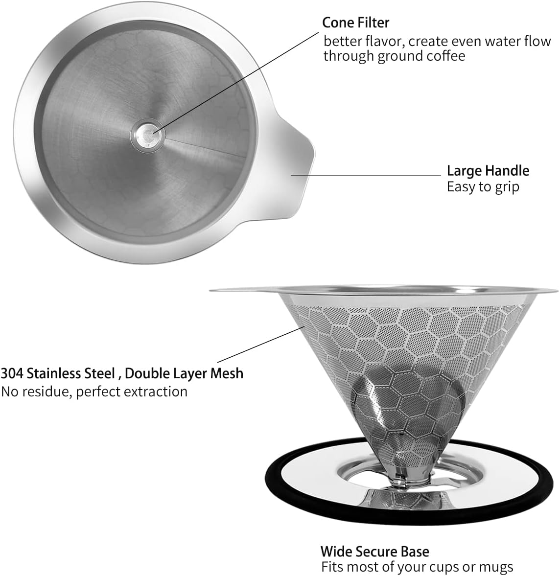 LHS Pour Over Coffee Dripper Reusable Coffee Filter Metal Cone Filter Paperless Coffee Filter Stainless Steel Pour Over Coffee Maker Single Cup Brew Coffee Filter, Double Mesh