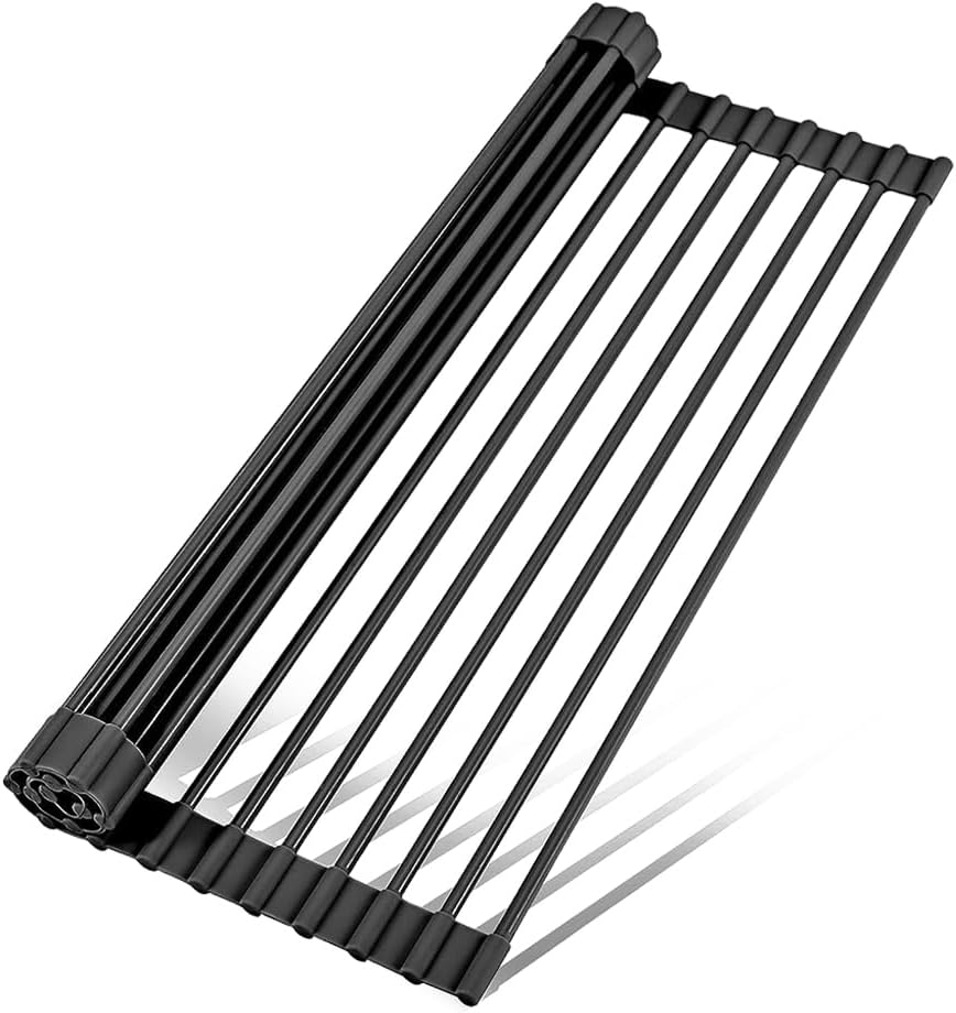 LEMIKKLE 20.5" x 13" Roll Up Dish Drying Rack Silicone Wrapped Over The Sink Dish Drying Rack Foldable Sink Drying Mat, Heat-Resistant & Anti-Rust Dish Rack for Kitchen Sink, Black