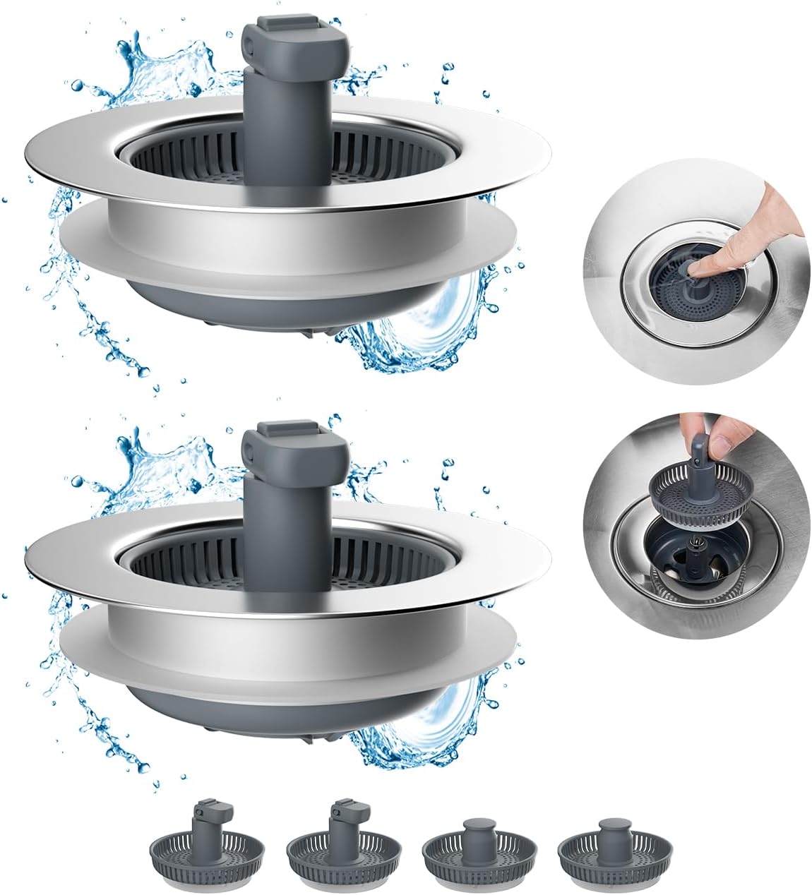 Hibbent 2 Pack 3 in 1 Kitchen Sink Drain Strainer and Stopper Combo, Chrome Stainless Steel Wraped Shell, 6 Anti-Clogging Basket Strainer with Foldable Handle for US Standard 3-1/2" Drain