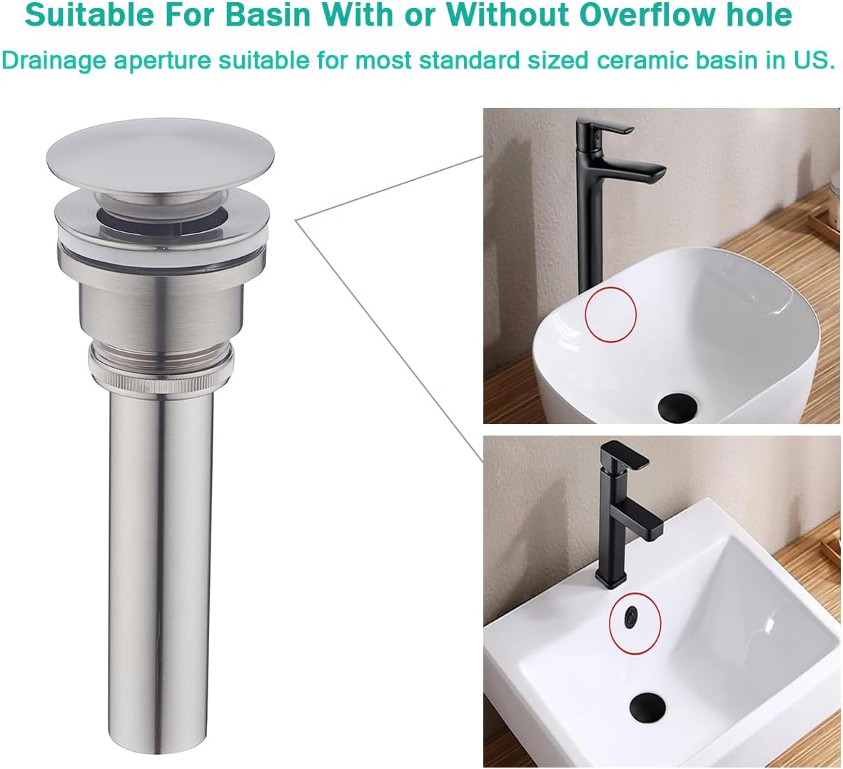 Bathroom Sink Drain With Overflow and Without Overflow Vessel Sink Lavatory Vanity Dual Use Pop Up Drain Stopper,All Metal Rustproof Brass and 304 Stainless Steel,Brushed Nickel