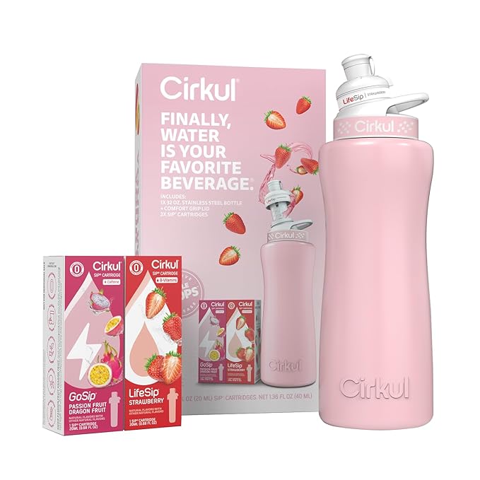 Cirkul 32oz. Blush Pink Stainless Steel Water Bottle Starter Kit with Pink Lid and 2 Flavor Cartridges (1 LifeSip Strawberry, 1 GoSip Passion Fruit Dragon Fruit) No Sugar, Zero Calorie Drink Mix