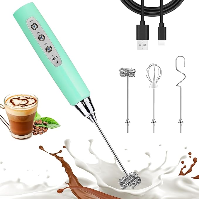 Nahida Baby Blue Milk Frother Wand for Coffee, Frother Handheld Rechargeable Electric Whisk with 3 Heads 3 Speeds Drink Mixer Coffee Frother Foam Maker For Latte, Cappuccino, Hot Chocolate, Egg