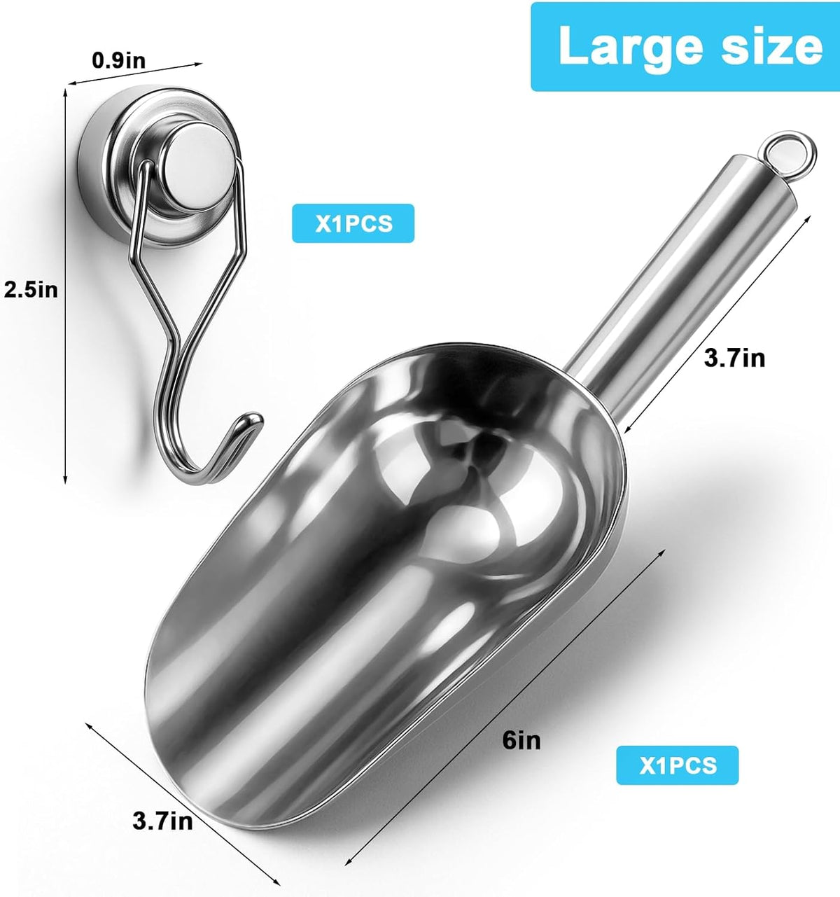 Stainless Steel Ice Scoop for Freezer with Magnetic Hook - Ice Scoop for GE Profile Opal 2.0 Nugget Ice Maker, for Kitchen Bar Party Accessories (Large)