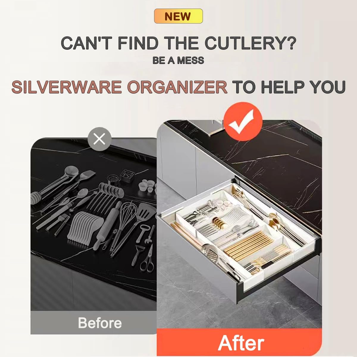 Silverware Drawer Organizer - Expandable Deep Utensil Organizer for Kitchen Drawers(13" - 22.4" x 15",White)