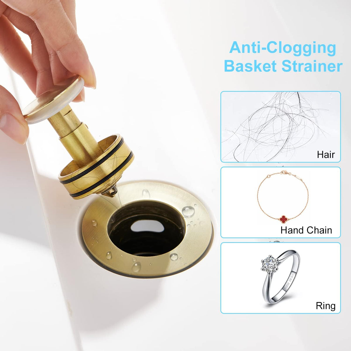 CREA Bathroom Sink Drain, Bathroom Sink Stopper with Drain Hair Catcher Pop Up Drain 1 1/2" for Bathroom Vanity Kitchen Sink with Overflow, Gold