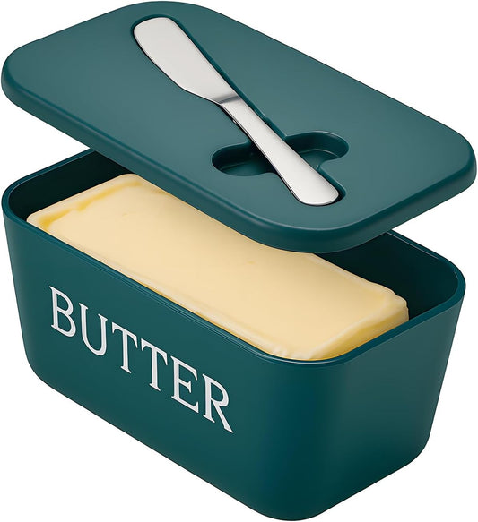 Large Butter Dish With Lid And Knife,Food Grade Plastic Large Butter Container With Cover,Butter Holder With Stainless Steel Knife For Kitchen Decor Countertop