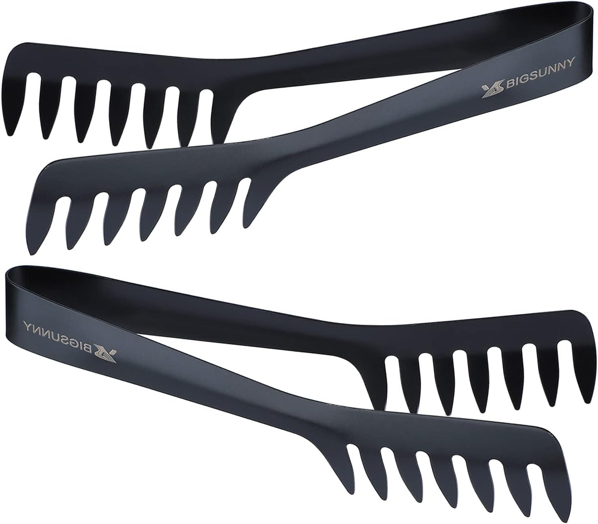 MSY BIGSUNNY 8-Inch Pasta Tongs, Stainless Steel Food Serving Tongs, Rust-Proof Spaghetti Tongs (Set of 2, Black)
