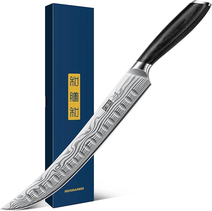 HOSHANHO Carving Kinfe 10 Inch, Forged High Carbon Powder Steel Butcher Breaking Knife, Razor Sharp Curved Brisket Slicing Kinfe for BBQ & Meat Cutting