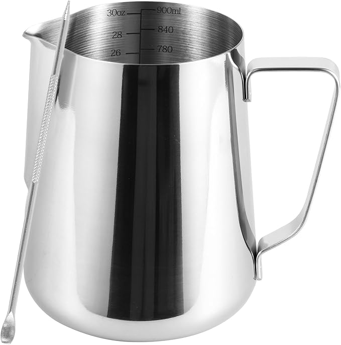 900ml Stainless Steel Milk Frothing Pitcher with Measurement Marks, 32oz Steaming Pitcher for Coffee, Cappuccino, Latte Art Milk Jug Cup for Home & Professional Use (1)