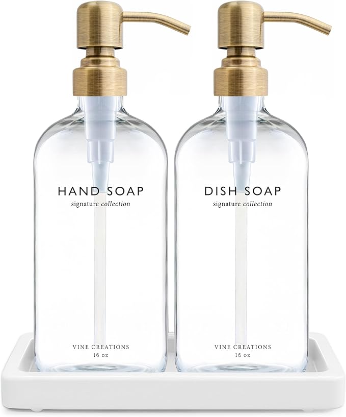 Vine Creations Glass Soap Dispenser Set, Kitchen Soap Dispenser Set with Ceramic Tray, 16 oz Dish Soap and Hand Soap Dispensers with Stainless Steel Pump Decor (Clear Bottle/Brushed Brass)