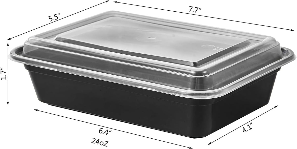 FULIGN 24 oz Meal Prep Containers With Lids Reusable 50 Pack Extra-thick Plastic Food Storage Black Disposable To Go Lunch Box BPA Free Stackable Microwave Dishwasher Freezer Safe