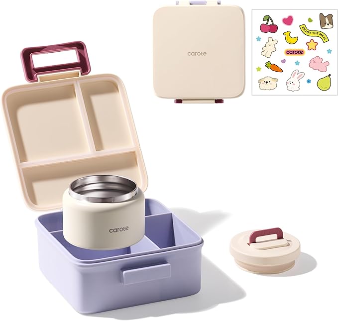 CAROTE Bento Box for Kids, Lunch Box Kids with 8oz Thermos for Hot Food, Lunch Container for Girls Boys, 3 or 5 Compartments with 2 Removable Dividers, BPA Free/Leak Proof/Dishwasher Safe