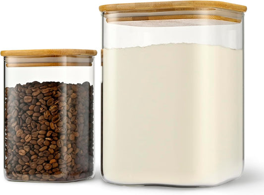 122oz 41oz Airtight Glass Square Storage Canister with Bamboo Lid Set of 2(3600ml*1 1200ml*1) Large Storage Container Gallon Glass Jars, for Sugar, Flour, and Coffee bean (with Black Lable)