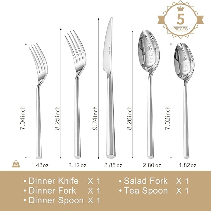 KINGSTONE 5-Piece Silverware Set, 18/10 Stainless Steel Flatware Cutlery Set with Hexagon Handle, for Hotel, Home, Party, Wedding Gift, Mirror Polish and Dishwasher Safe