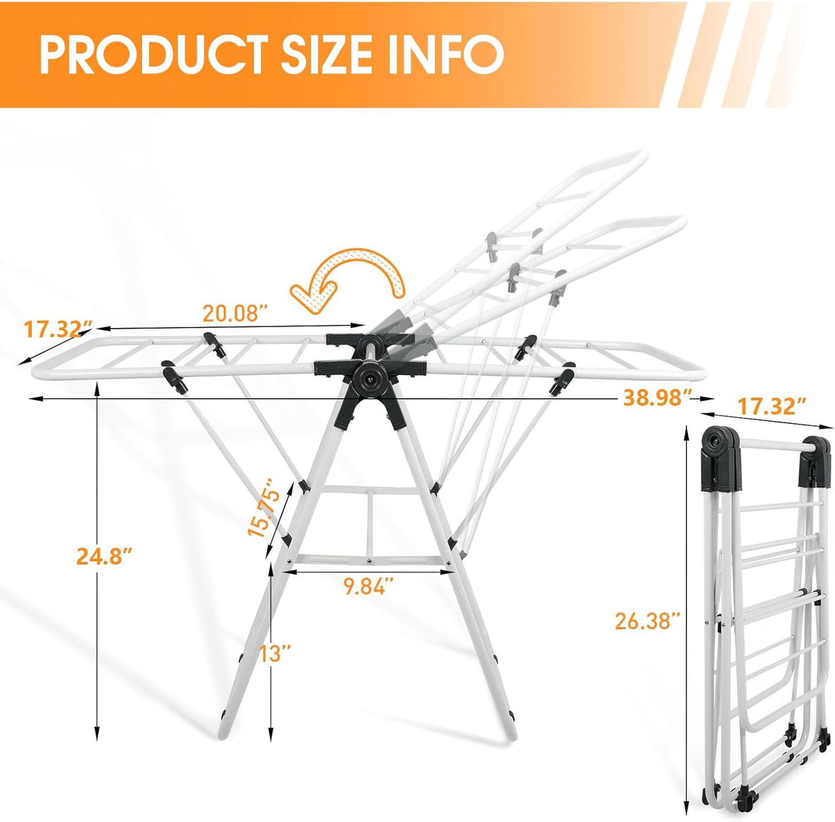 Clothes Drying Rack, Metal Foldable Laundry Drying Rack, with Adjustable Height Levels Wings, Space Saving, Indoor Outdoor Use, White Free-Standing Airer