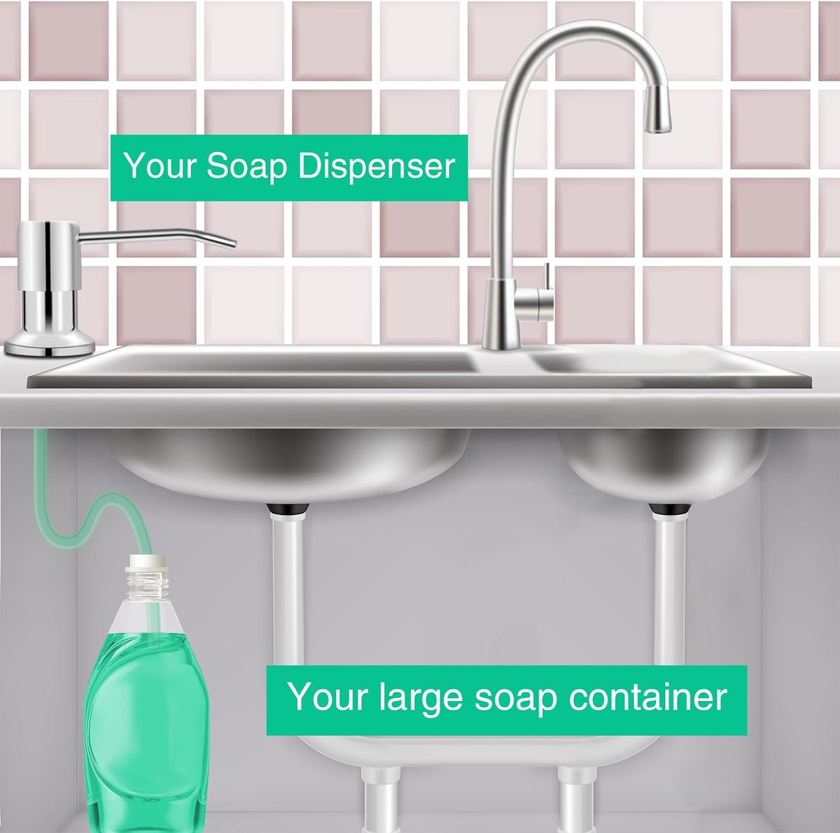 Soap Dispenser for Kitchen Sink, Built in Sink Soap Dispenser, Countertop Soap Dispenser Pump with 47" Extension Tube kit, No Need to Fill Little Bottle Again, Chrome