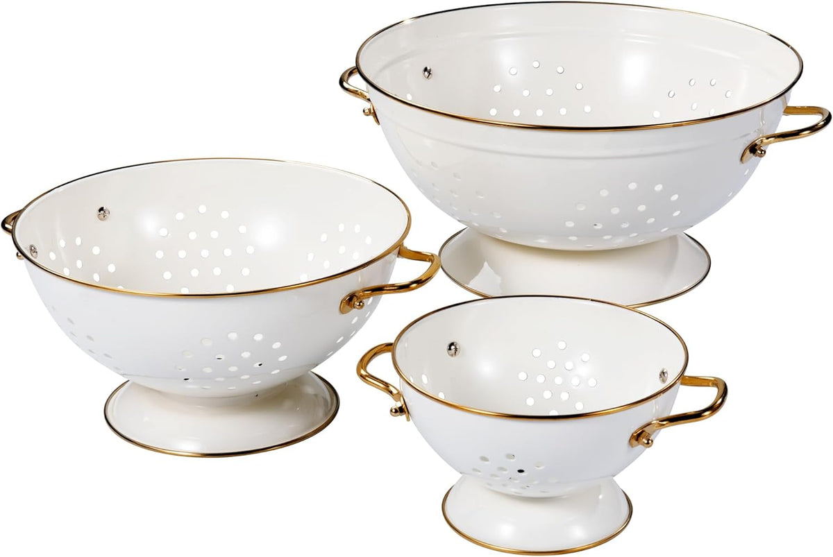 Metal Colander Set of 3, Strainer Basket with Handles perfect for Spaghetti, Pasta, Berry, Vegetable, Fruit, Solid Base Powder Coated Kitchen Essential Strainer Set, 1 & 3.5 & 5 Qt (Cream)